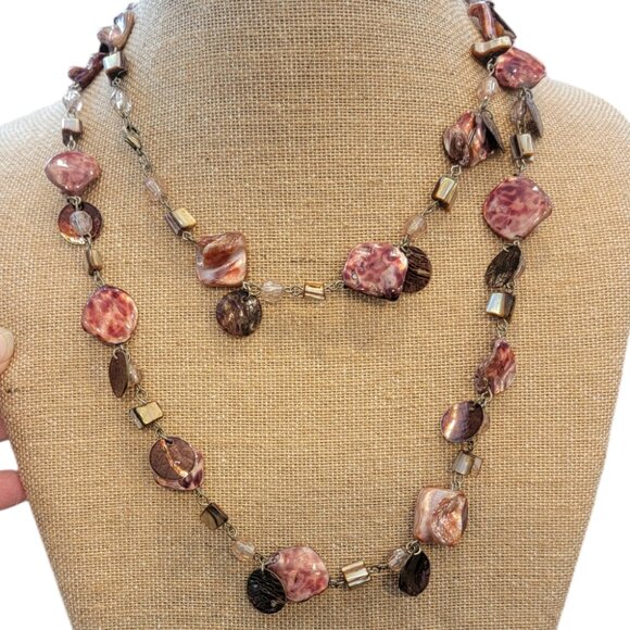 Jewelry - Boho Long Beaded Necklace Pink/Brown/Silver